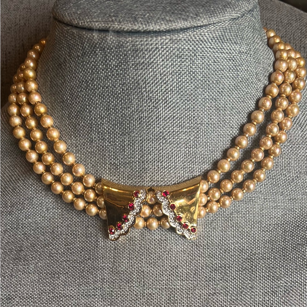 Designer 3-Strand Crystal Champagne Pearls Necklace Bow Ribbon Gold Tone Choker
